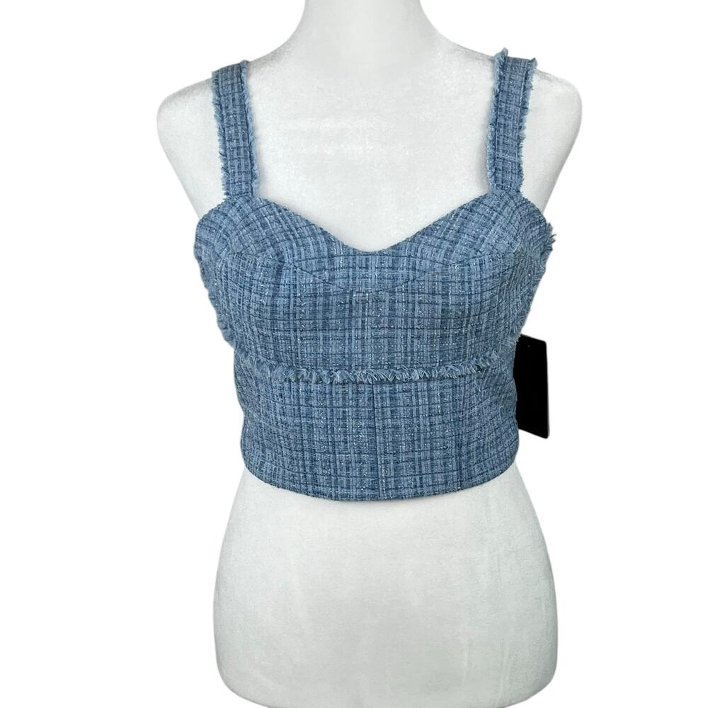 Guess Emily Blue Metallic Tweed Bustier Top S NWT Fringed Cropped